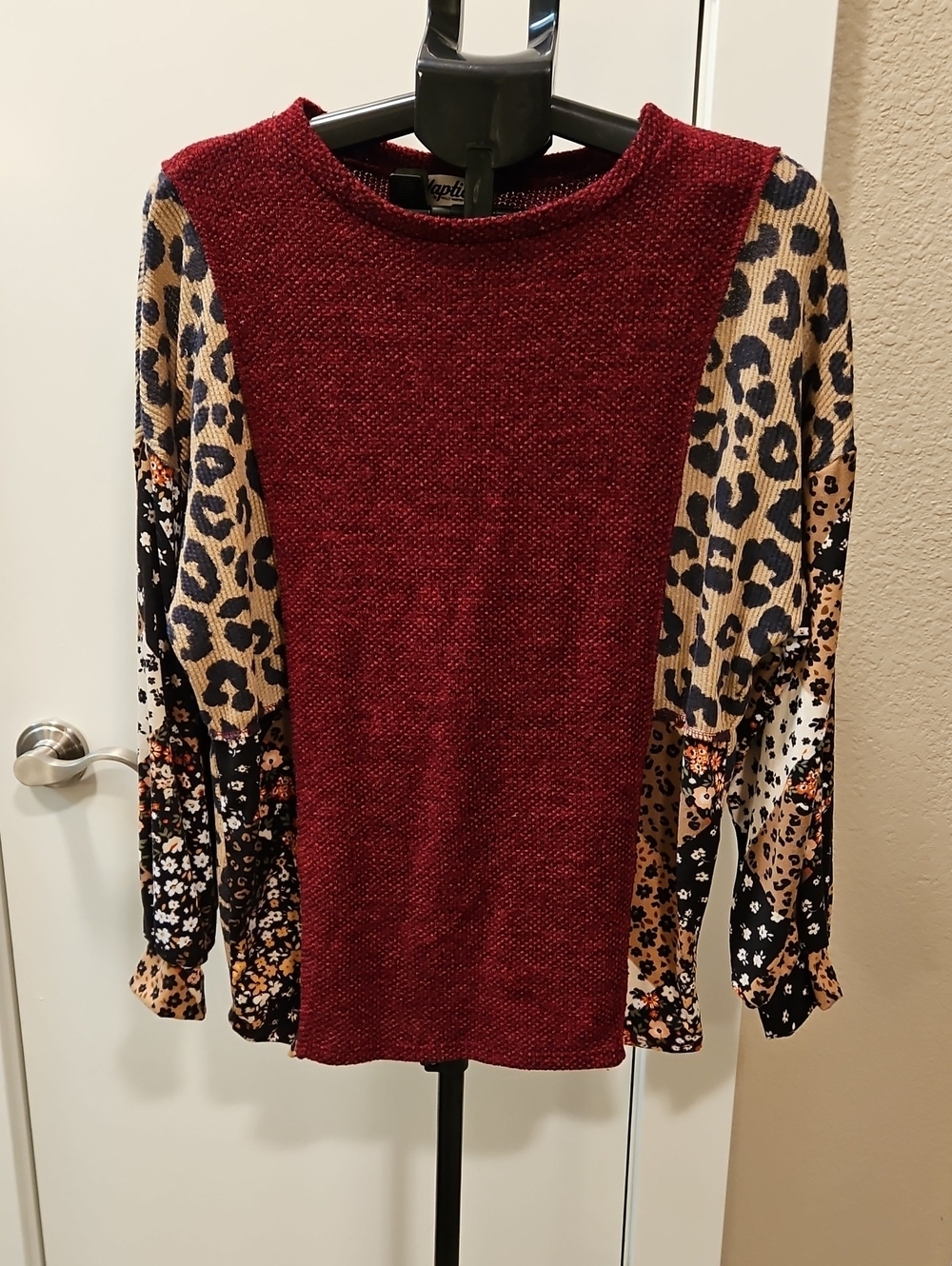 Mixed-Print Crewneck Sweater - Burgundy